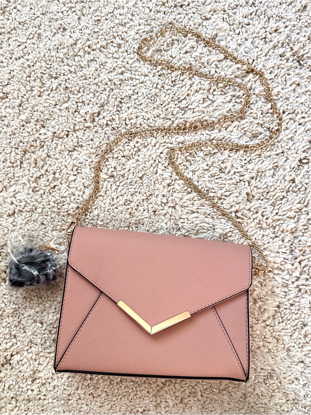 Blush Pink Faux Leather Foldover Crossbody Bag with Removable Gold Chain